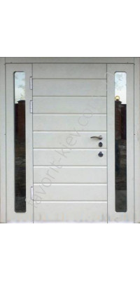 Входная трехстворчатые бронированные двери со стеклопакетом и ковкой, модель «Арабика в слоновой кости»