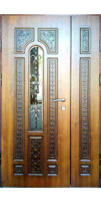 Полуторная входная уличная дверь со стеклом и ковкой модель «Каравелла», 2 мм сталь
