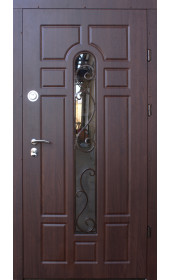 Входная уличная дверь модель «Стенли», 2 мм сталь, со стеклопакетом и ковкой