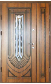 Входная полуторная уличная дверь со стеклопакетом и ковкой модель «Торос», 2 мм сталь