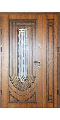Входная полуторная уличная дверь со стеклопакетом и ковкой модель «Торос», 2 мм сталь
