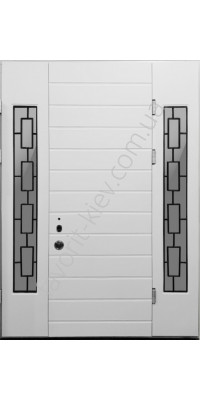Вуличні тристулкові броньовані двері зі склом та куванням «Арабіка біла Віп класу»